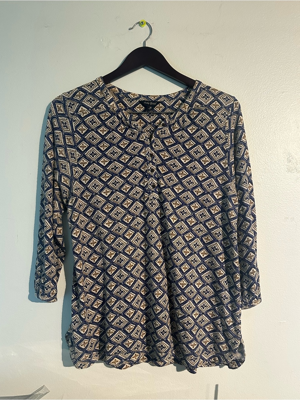 Lucky Brand Navy and Cream Diamond-Print Long Sleeve Top